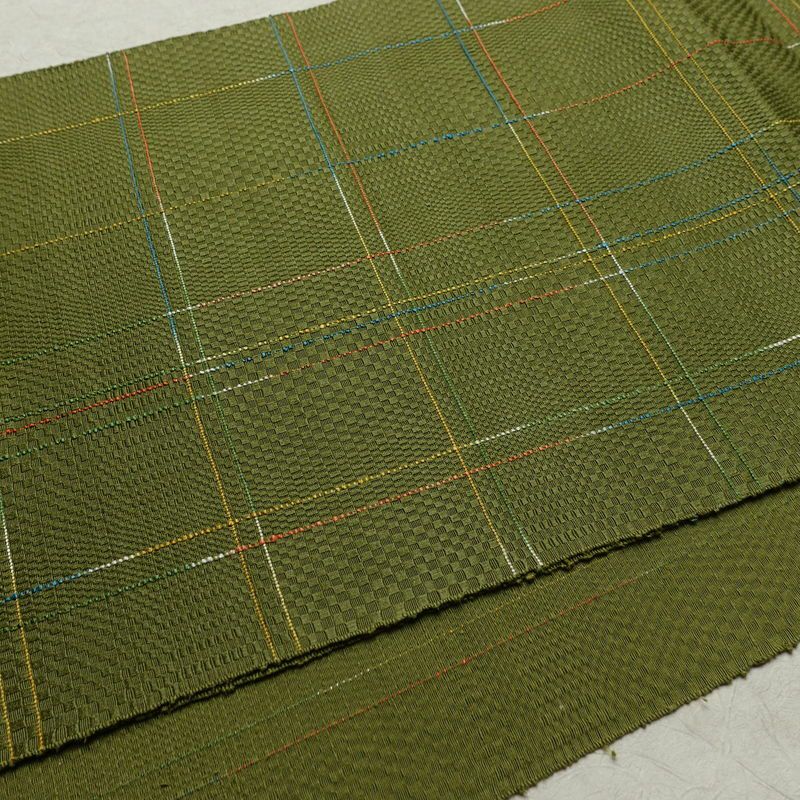 名古屋帯 全通柄 良品 正絹 チェック・格子柄 通し仕立て なごや帯 リサイクル帯 帯 モダン 緑・うぐいす色_画像11