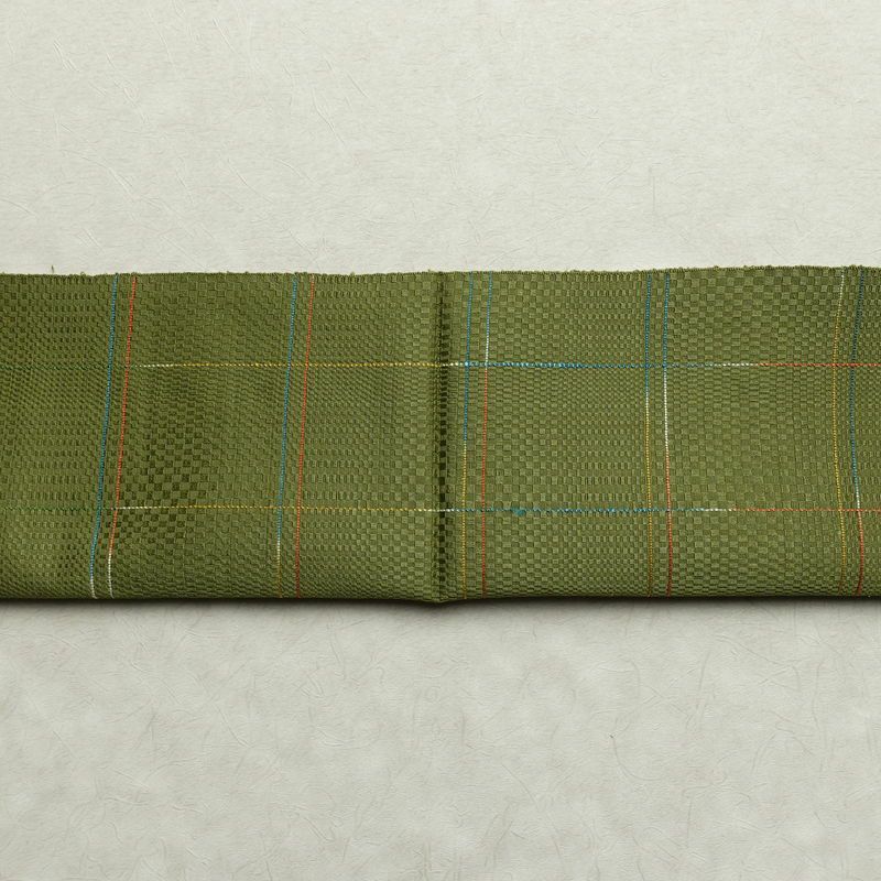 名古屋帯 全通柄 良品 正絹 チェック・格子柄 通し仕立て なごや帯 リサイクル帯 帯 モダン 緑・うぐいす色_画像14