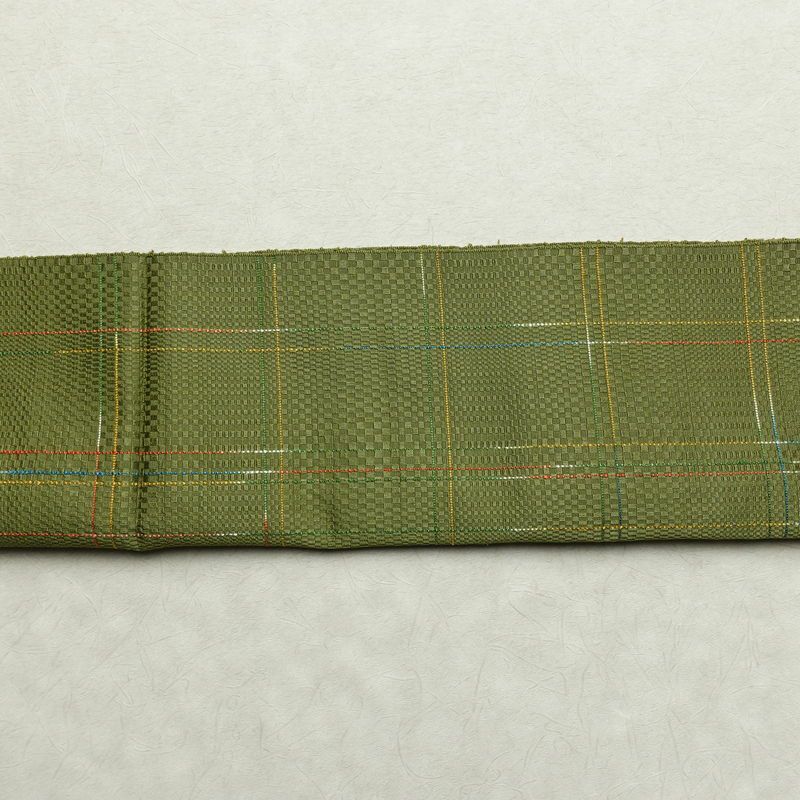 名古屋帯 全通柄 良品 正絹 チェック・格子柄 通し仕立て なごや帯 リサイクル帯 帯 モダン 緑・うぐいす色_画像15