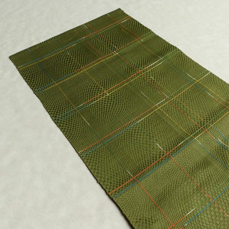 名古屋帯 全通柄 良品 正絹 チェック・格子柄 通し仕立て なごや帯 リサイクル帯 帯 モダン 緑・うぐいす色_画像16