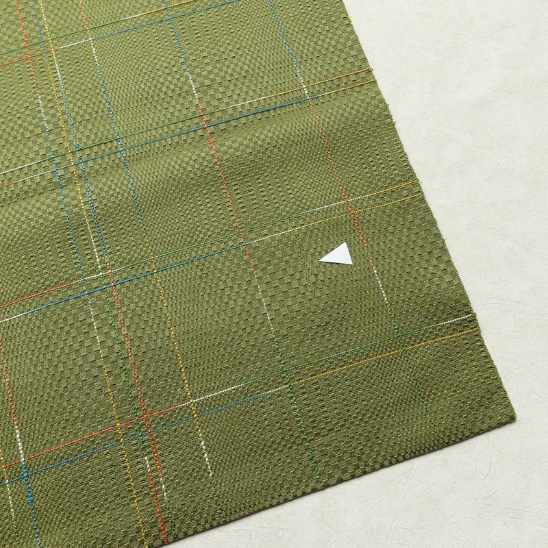 名古屋帯 全通柄 良品 正絹 チェック・格子柄 通し仕立て なごや帯 リサイクル帯 帯 モダン 緑・うぐいす色_画像17