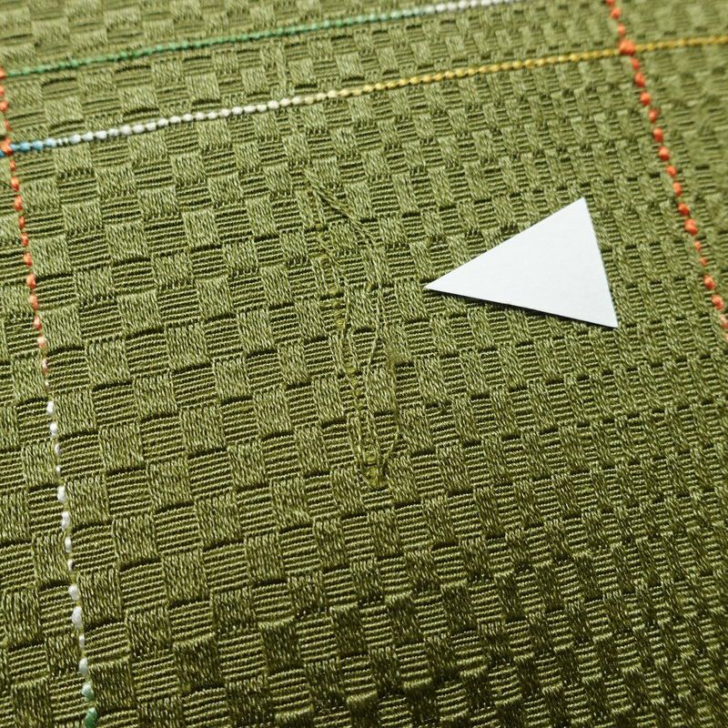 名古屋帯 全通柄 良品 正絹 チェック・格子柄 通し仕立て なごや帯 リサイクル帯 帯 モダン 緑・うぐいす色_画像18