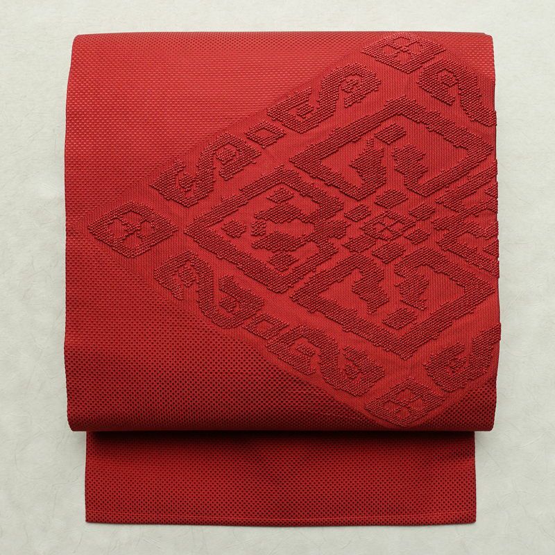 名古屋帯 太鼓柄 良品 正絹 幾何学柄・抽象柄 名古屋仕立て なごや帯 リサイクル帯 帯 シンプル 赤・朱_画像1