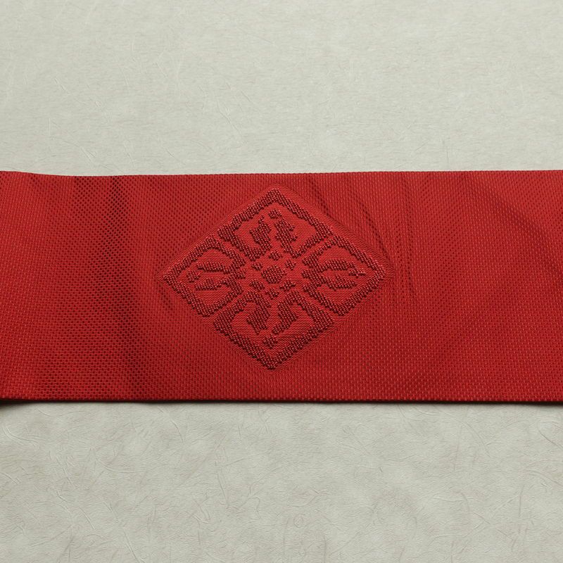 名古屋帯 太鼓柄 良品 正絹 幾何学柄・抽象柄 名古屋仕立て なごや帯 リサイクル帯 帯 シンプル 赤・朱_画像15