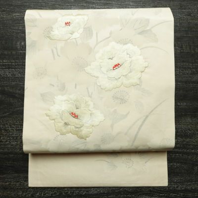 名古屋帯 太鼓柄 正絹 花柄 名古屋仕立て なごや帯 リサイクル帯 帯 刺繍 ピンク