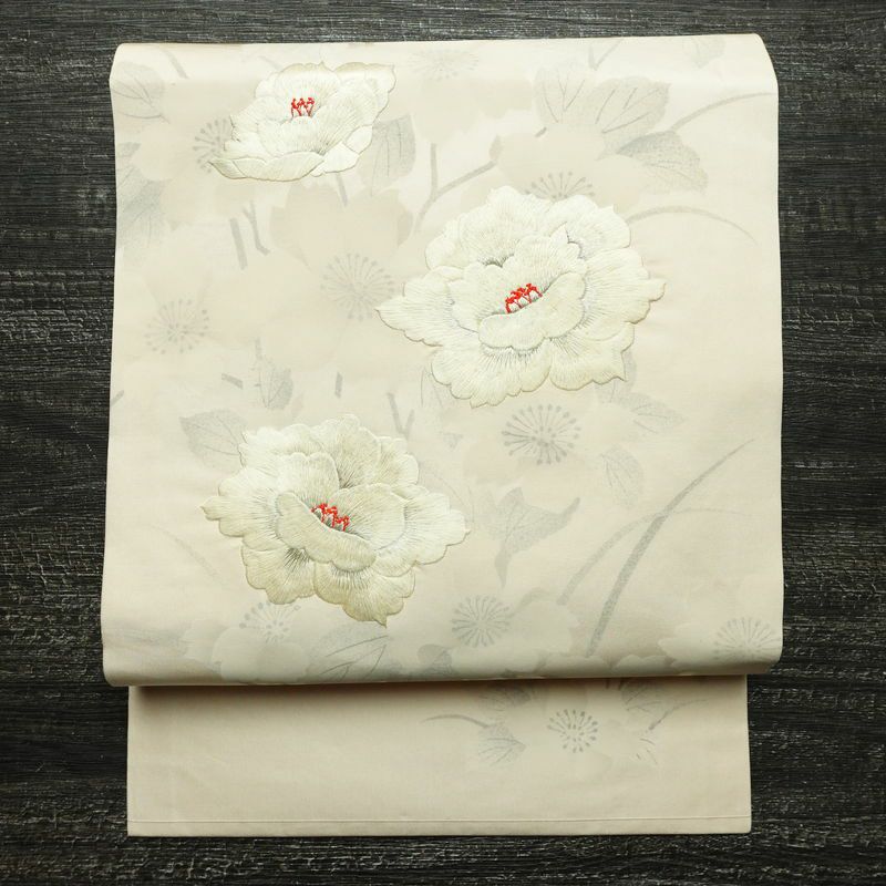 名古屋帯 太鼓柄 正絹 花柄 名古屋仕立て なごや帯 リサイクル帯 帯 刺繍 ピンク_画像1