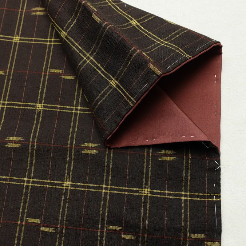 紬 しつけ糸付き 正絹 チェック・格子柄 袷仕立て 身丈163cm 裄丈65.5cm リサイクル着物 着物 カジュアル 茶_画像14