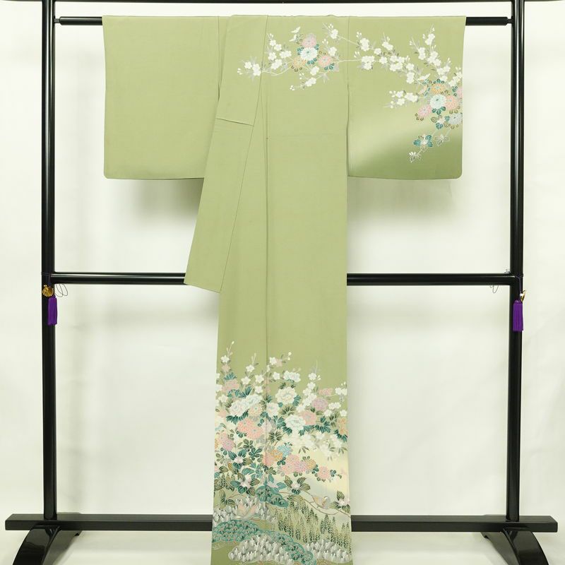 訪問着 縮緬 正絹 花柄 袷仕立て 身丈164cm 裄丈67cm リサイクル着物 着物 共八掛 入学式 卒業式 七五三 お宮参り フォーマル 緑・うぐいす色_画像2