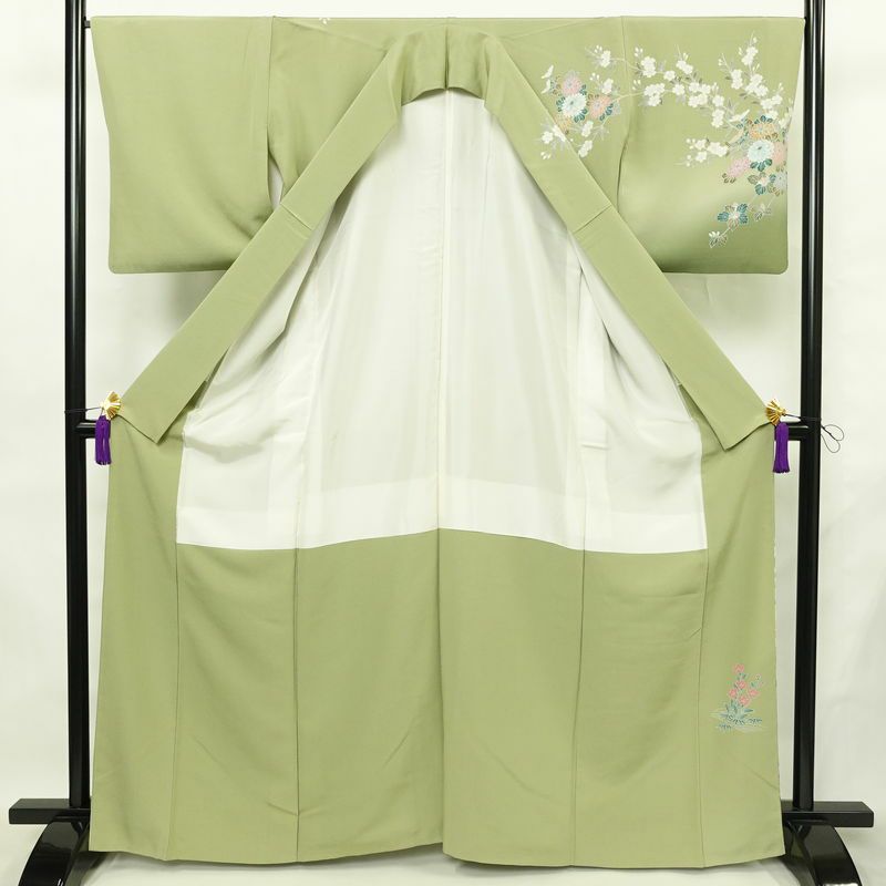 訪問着 縮緬 正絹 花柄 袷仕立て 身丈164cm 裄丈67cm リサイクル着物 着物 共八掛 入学式 卒業式 七五三 お宮参り フォーマル 緑・うぐいす色_画像3