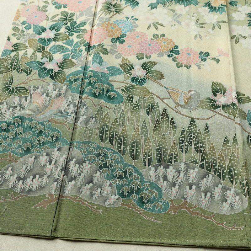 訪問着 縮緬 正絹 花柄 袷仕立て 身丈164cm 裄丈67cm リサイクル着物 着物 共八掛 入学式 卒業式 七五三 お宮参り フォーマル 緑・うぐいす色_画像4