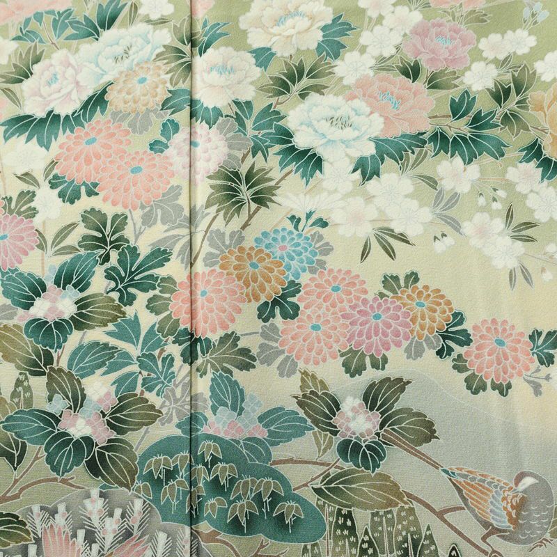 訪問着 縮緬 正絹 花柄 袷仕立て 身丈164cm 裄丈67cm リサイクル着物 着物 共八掛 入学式 卒業式 七五三 お宮参り フォーマル 緑・うぐいす色_画像6