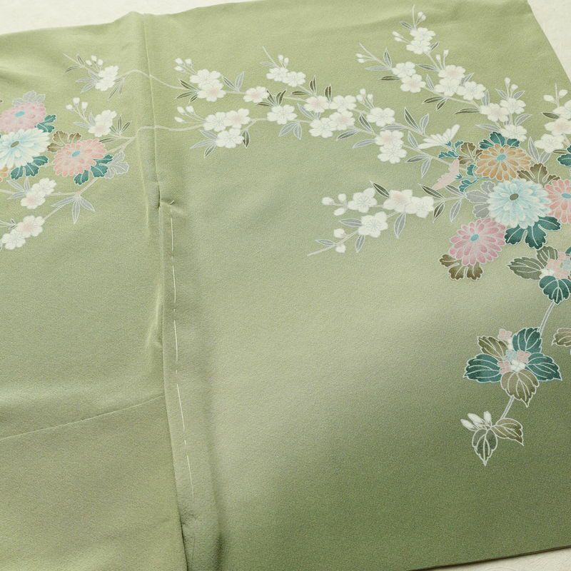 訪問着 縮緬 正絹 花柄 袷仕立て 身丈164cm 裄丈67cm リサイクル着物 着物 共八掛 入学式 卒業式 七五三 お宮参り フォーマル 緑・うぐいす色_画像14