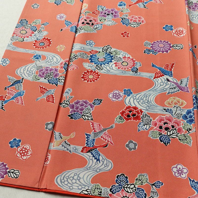 小紋 縮緬 正絹 花柄 袷仕立て 身丈158.5cm 裄丈63.5cm リサイクル着物 着物 サーモンピンク ピンク_画像4