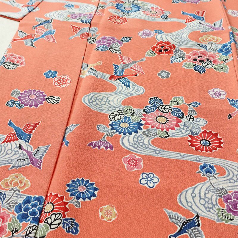 小紋 縮緬 正絹 花柄 袷仕立て 身丈158.5cm 裄丈63.5cm リサイクル着物 着物 サーモンピンク ピンク_画像5
