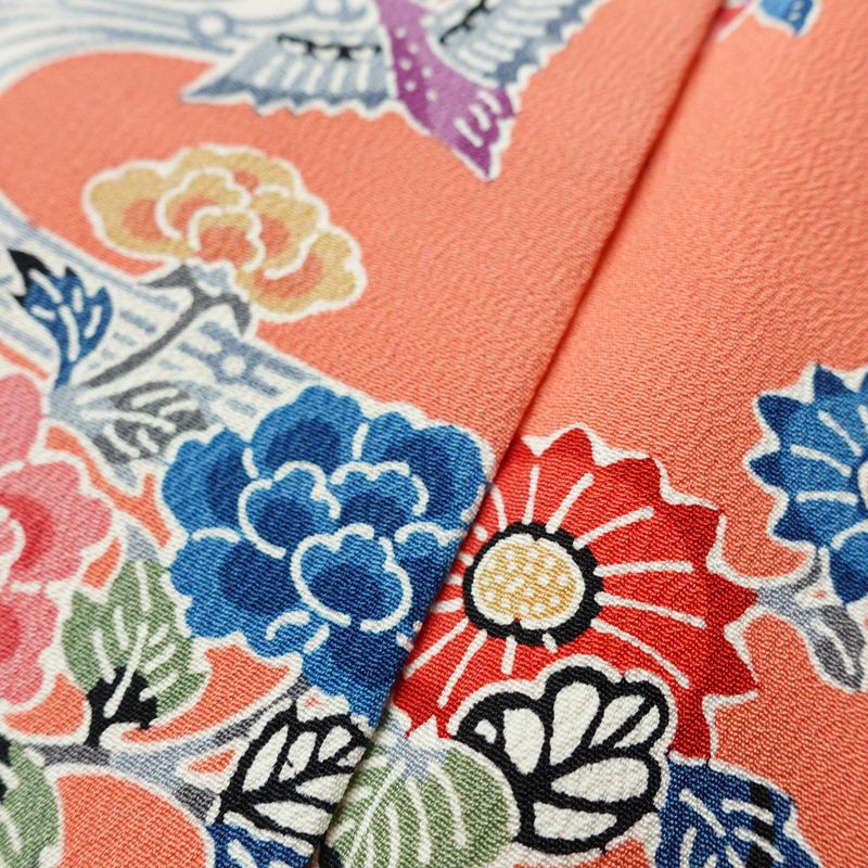 小紋 縮緬 正絹 花柄 袷仕立て 身丈158.5cm 裄丈63.5cm リサイクル着物 着物 サーモンピンク ピンク_画像9