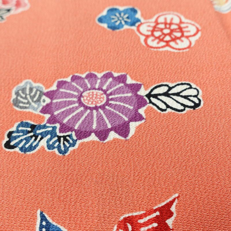 小紋 縮緬 正絹 花柄 袷仕立て 身丈158.5cm 裄丈63.5cm リサイクル着物 着物 サーモンピンク ピンク_画像10