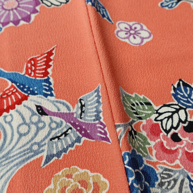小紋 縮緬 正絹 花柄 袷仕立て 身丈158.5cm 裄丈63.5cm リサイクル着物 着物 サーモンピンク ピンク_画像12