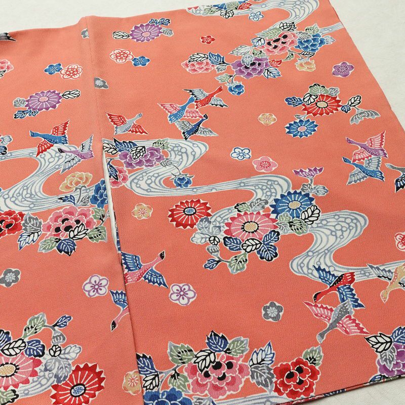 小紋 縮緬 正絹 花柄 袷仕立て 身丈158.5cm 裄丈63.5cm リサイクル着物 着物 サーモンピンク ピンク_画像14