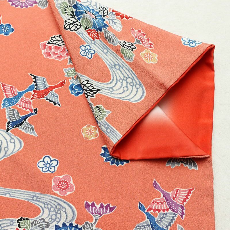 小紋 縮緬 正絹 花柄 袷仕立て 身丈158.5cm 裄丈63.5cm リサイクル着物 着物 サーモンピンク ピンク_画像15