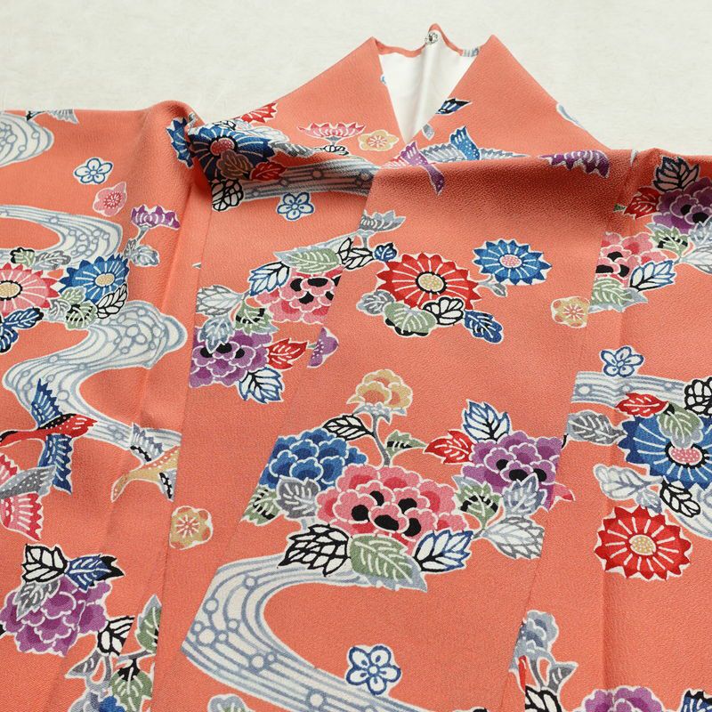 小紋 縮緬 正絹 花柄 袷仕立て 身丈158.5cm 裄丈63.5cm リサイクル着物 着物 サーモンピンク ピンク_画像17