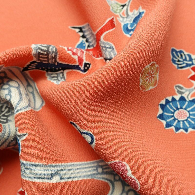 小紋 縮緬 正絹 花柄 袷仕立て 身丈158.5cm 裄丈63.5cm リサイクル着物 着物 サーモンピンク ピンク_画像21