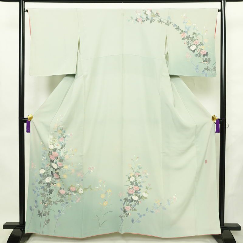 訪問着 落款入り 友禅 縮緬 一つ紋付き 正絹 花柄 袷仕立て 身丈161.5cm 裄丈65cm リサイクル着物 着物 入学式 卒業式 七五三 お宮参り フォーマル 上品 ブルーグリーン 緑・うぐいす色_画像1