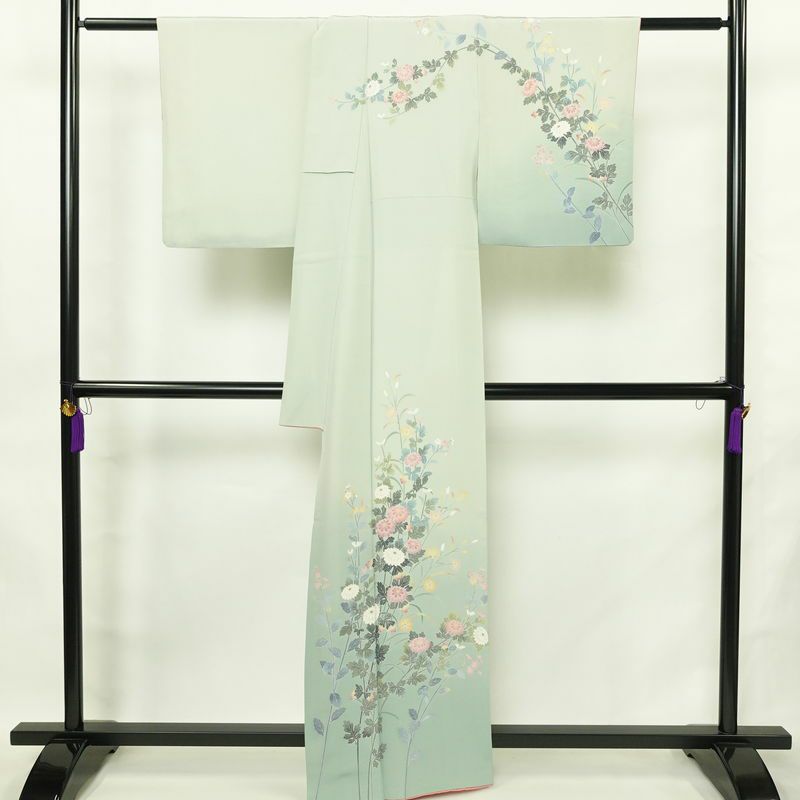 訪問着 落款入り 友禅 縮緬 一つ紋付き 正絹 花柄 袷仕立て 身丈161.5cm 裄丈65cm リサイクル着物 着物 入学式 卒業式 七五三 お宮参り フォーマル 上品 ブルーグリーン 緑・うぐいす色_画像2