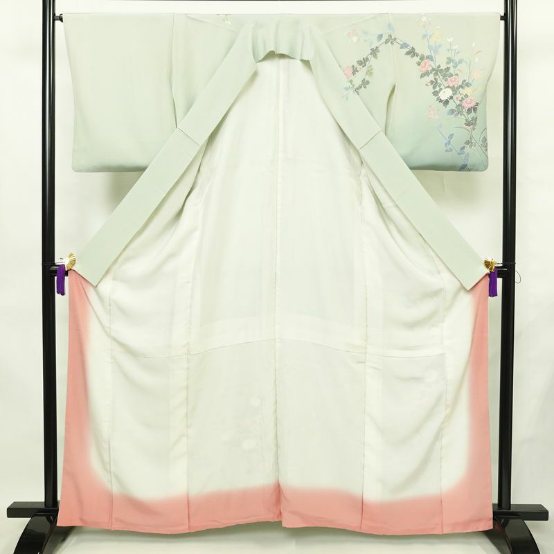 訪問着 落款入り 友禅 縮緬 一つ紋付き 正絹 花柄 袷仕立て 身丈161.5cm 裄丈65cm リサイクル着物 着物 入学式 卒業式 七五三 お宮参り フォーマル 上品 ブルーグリーン 緑・うぐいす色_画像3