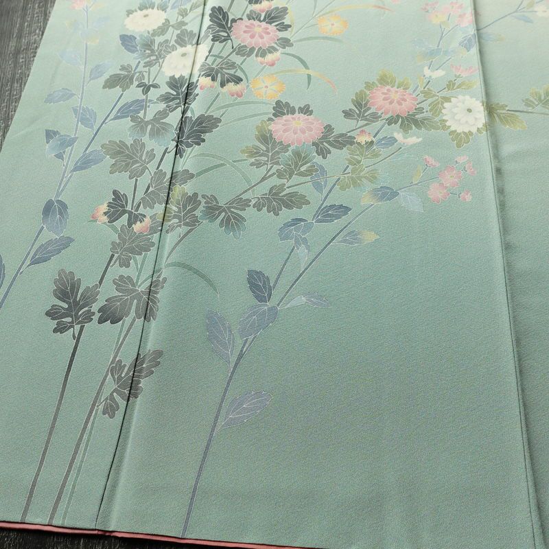 訪問着 落款入り 友禅 縮緬 一つ紋付き 正絹 花柄 袷仕立て 身丈161.5cm 裄丈65cm リサイクル着物 着物 入学式 卒業式 七五三 お宮参り フォーマル 上品 ブルーグリーン 緑・うぐいす色_画像4