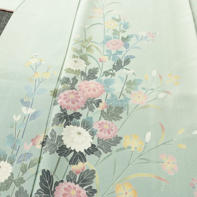 訪問着 落款入り 友禅 縮緬 一つ紋付き 正絹 花柄 袷仕立て 身丈161.5cm 裄丈65cm リサイクル着物 着物 入学式 卒業式 七五三 お宮参り フォーマル 上品 ブルーグリーン 緑・うぐいす色_画像5