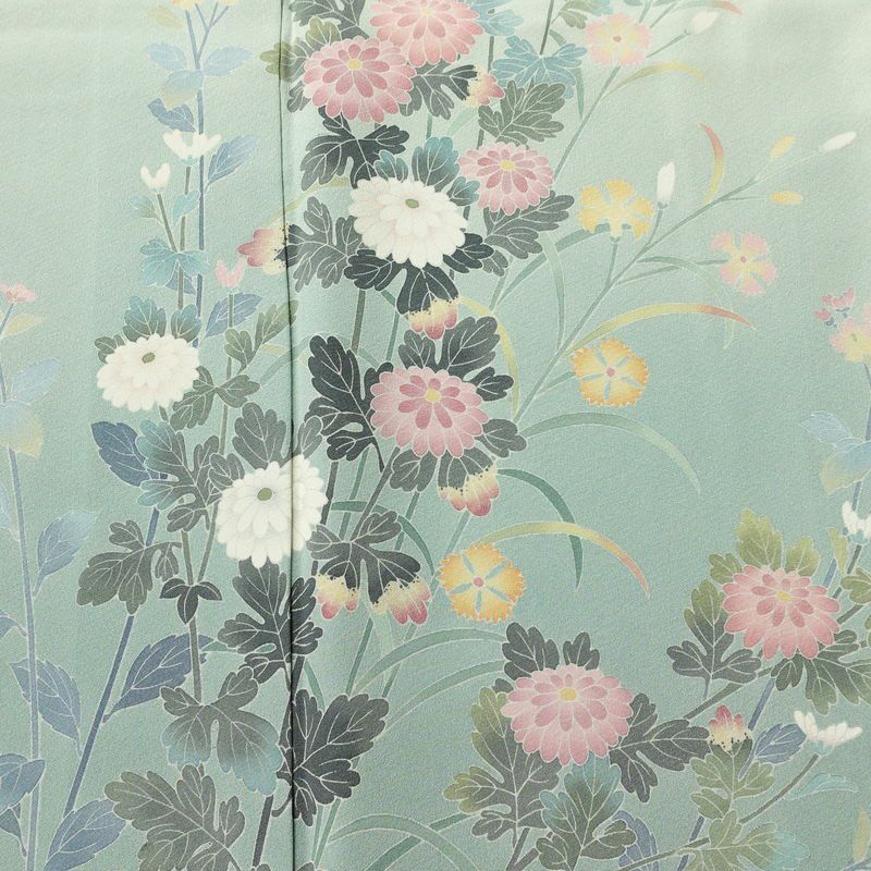 訪問着 落款入り 友禅 縮緬 一つ紋付き 正絹 花柄 袷仕立て 身丈161.5cm 裄丈65cm リサイクル着物 着物 入学式 卒業式 七五三 お宮参り フォーマル 上品 ブルーグリーン 緑・うぐいす色_画像6