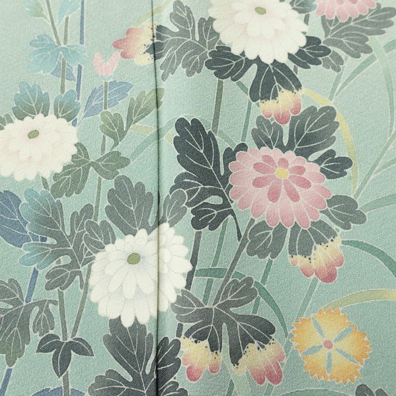 訪問着 落款入り 友禅 縮緬 一つ紋付き 正絹 花柄 袷仕立て 身丈161.5cm 裄丈65cm リサイクル着物 着物 入学式 卒業式 七五三 お宮参り フォーマル 上品 ブルーグリーン 緑・うぐいす色_画像7