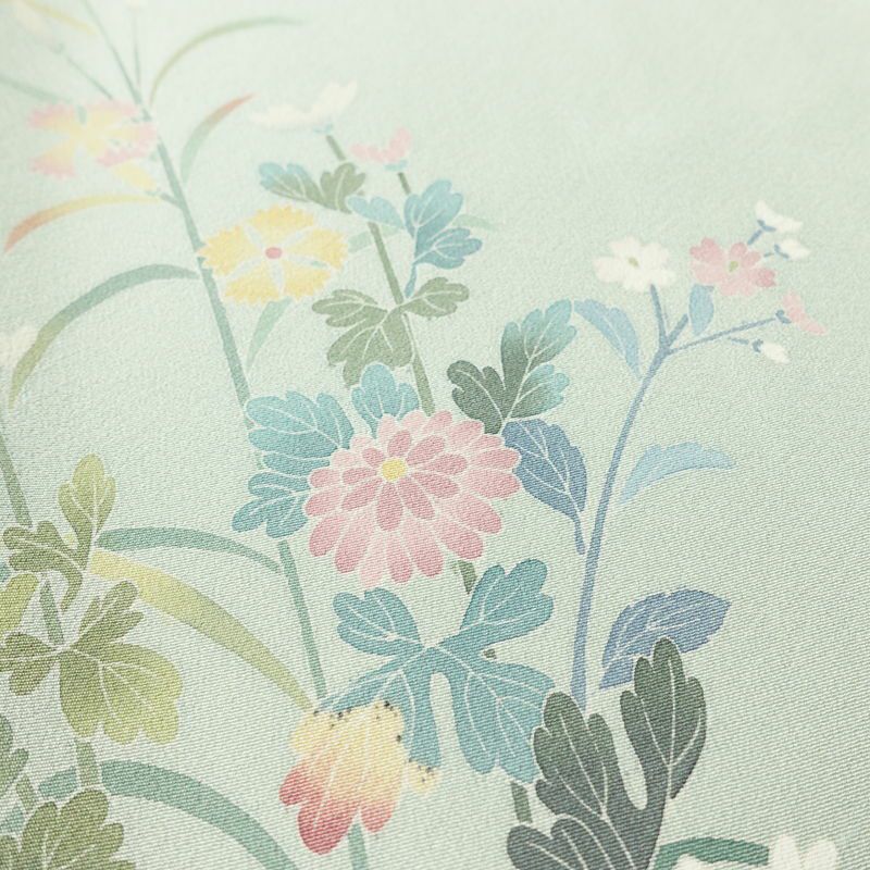 訪問着 落款入り 友禅 縮緬 一つ紋付き 正絹 花柄 袷仕立て 身丈161.5cm 裄丈65cm リサイクル着物 着物 入学式 卒業式 七五三 お宮参り フォーマル 上品 ブルーグリーン 緑・うぐいす色_画像9