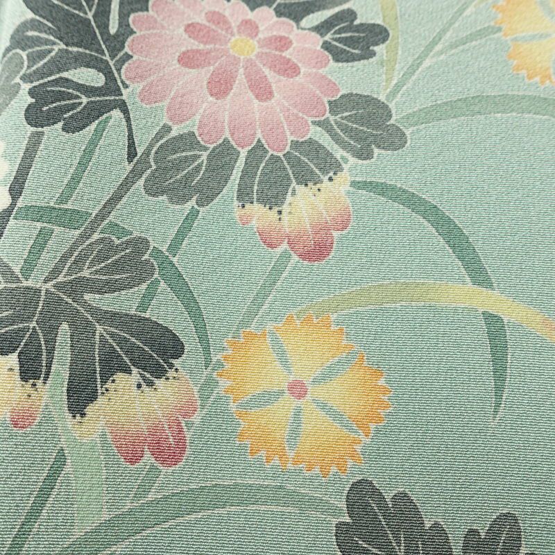 訪問着 落款入り 友禅 縮緬 一つ紋付き 正絹 花柄 袷仕立て 身丈161.5cm 裄丈65cm リサイクル着物 着物 入学式 卒業式 七五三 お宮参り フォーマル 上品 ブルーグリーン 緑・うぐいす色_画像10