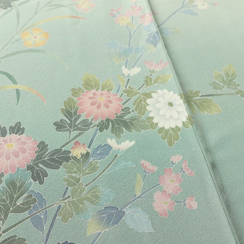 訪問着 落款入り 友禅 縮緬 一つ紋付き 正絹 花柄 袷仕立て 身丈161.5cm 裄丈65cm リサイクル着物 着物 入学式 卒業式 七五三 お宮参り フォーマル 上品 ブルーグリーン 緑・うぐいす色_画像11