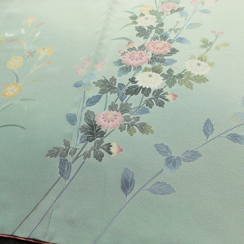 訪問着 落款入り 友禅 縮緬 一つ紋付き 正絹 花柄 袷仕立て 身丈161.5cm 裄丈65cm リサイクル着物 着物 入学式 卒業式 七五三 お宮参り フォーマル 上品 ブルーグリーン 緑・うぐいす色_画像12