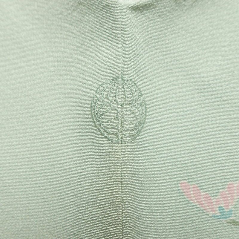 訪問着 落款入り 友禅 縮緬 一つ紋付き 正絹 花柄 袷仕立て 身丈161.5cm 裄丈65cm リサイクル着物 着物 入学式 卒業式 七五三 お宮参り フォーマル 上品 ブルーグリーン 緑・うぐいす色_画像14