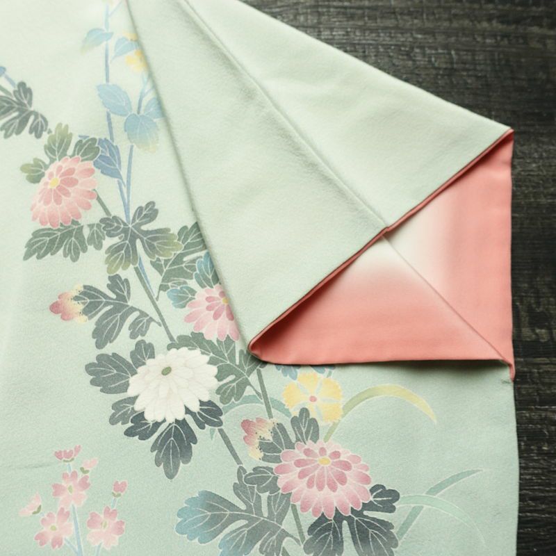 訪問着 落款入り 友禅 縮緬 一つ紋付き 正絹 花柄 袷仕立て 身丈161.5cm 裄丈65cm リサイクル着物 着物 入学式 卒業式 七五三 お宮参り フォーマル 上品 ブルーグリーン 緑・うぐいす色_画像17
