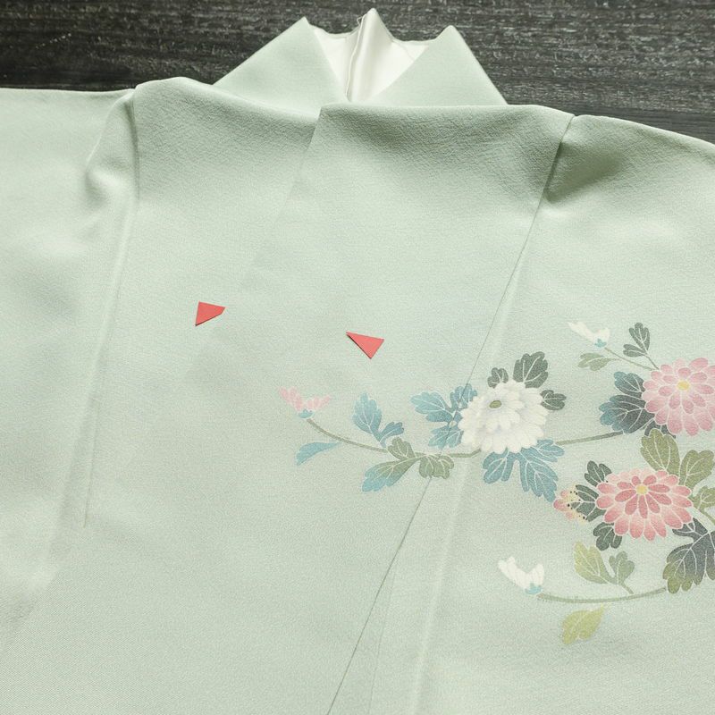 訪問着 落款入り 友禅 縮緬 一つ紋付き 正絹 花柄 袷仕立て 身丈161.5cm 裄丈65cm リサイクル着物 着物 入学式 卒業式 七五三 お宮参り フォーマル 上品 ブルーグリーン 緑・うぐいす色_画像18