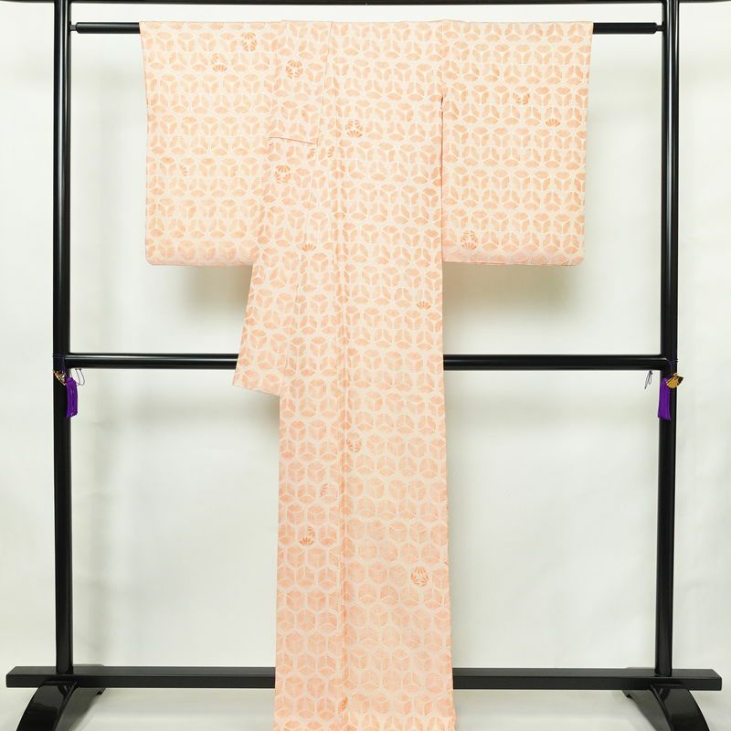 小紋 正絹 亀甲柄 袷仕立て 身丈168.5cm 裄丈67.5cm リサイクル着物 着物 橙_画像2