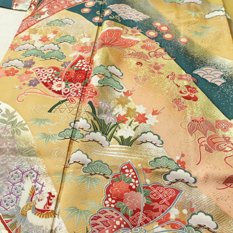 振袖 正絹 古典柄 袷仕立て 身丈164.5cm 裄丈66cm リサイクル着物 着物 箔 金彩 成人式 二十歳 二十歳の集い パーティー フォーマル 蝶 扇子 御所車 黄・黄土色_画像5