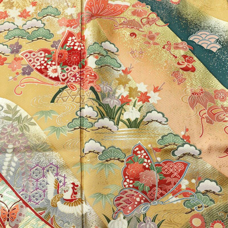 振袖 正絹 古典柄 袷仕立て 身丈164.5cm 裄丈66cm リサイクル着物 着物 箔 金彩 成人式 二十歳 二十歳の集い パーティー フォーマル 蝶 扇子 御所車 黄・黄土色_画像6
