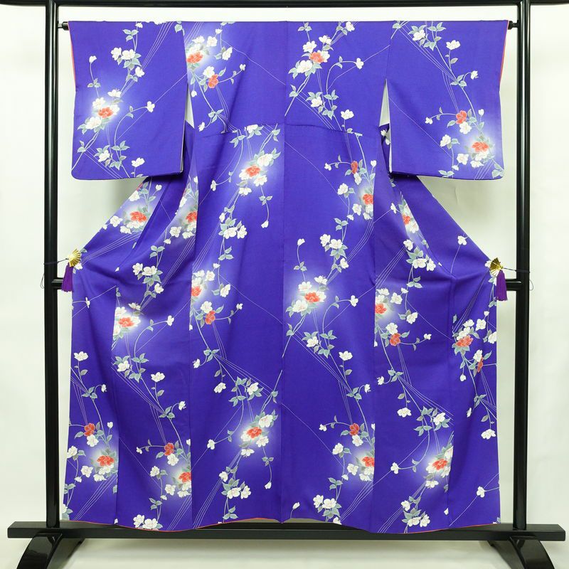 小紋 正絹 花柄 袷仕立て 身丈155.5cm 裄丈64.5cm リサイクル着物 着物 青・紺_画像1