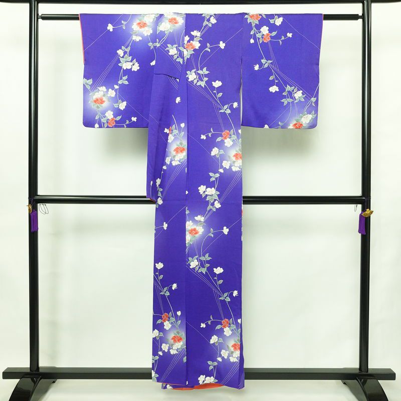 小紋 正絹 花柄 袷仕立て 身丈155.5cm 裄丈64.5cm リサイクル着物 着物 青・紺_画像2