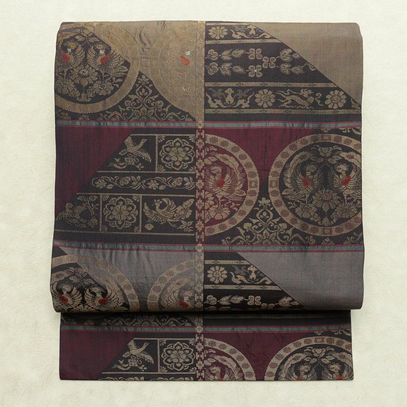 名古屋帯 六通柄 良品 正絹 幾何学柄・抽象柄 名古屋仕立て なごや帯 リサイクル帯 帯 モダン おしゃれ 紫・藤色_画像1