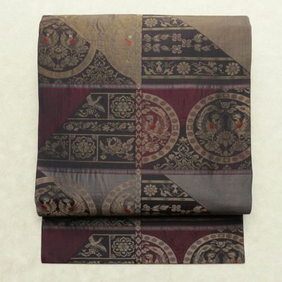 名古屋帯 六通柄 良品 正絹 幾何学柄・抽象柄 名古屋仕立て なごや帯 リサイクル帯 帯 モダン おしゃれ 紫・藤色