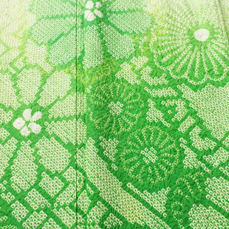 振袖 絞り 総絞り 正絹 花柄 袷仕立て 身丈156cm 裄丈65cm リサイクル着物 着物 二十歳 二十歳の集い お茶会 パーティー フォーマル 緑・うぐいす色_画像6
