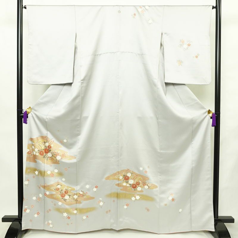 訪問着 金駒刺繍 一つ紋付き 正絹 古典柄 袷仕立て 身丈164.5cm 裄丈65cm リサイクル着物 着物 箔 金彩 入学式 卒業式 七五三 お宮参り フォーマル 四季花 菊 ブルーグレー グレー