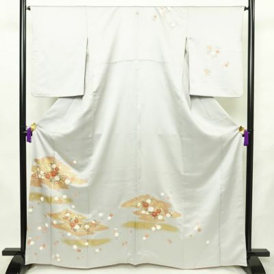 訪問着 金駒刺繍 一つ紋付き 正絹 古典柄 袷仕立て 身丈164.5cm 裄丈65cm リサイクル着物 着物 箔 金彩 入学式 卒業式 七五三 お宮参り フォーマル 四季花 菊 ブルーグレー グレー