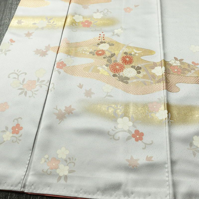 訪問着 金駒刺繍 一つ紋付き 正絹 古典柄 袷仕立て 身丈164.5cm 裄丈65cm リサイクル着物 着物 箔 金彩 入学式 卒業式 七五三 お宮参り フォーマル 四季花 菊 ブルーグレー グレー_画像4